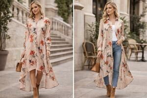 OC Order Plus Floral Bird Shirt Dress S Blush Pink High Low Boho Cottagecore